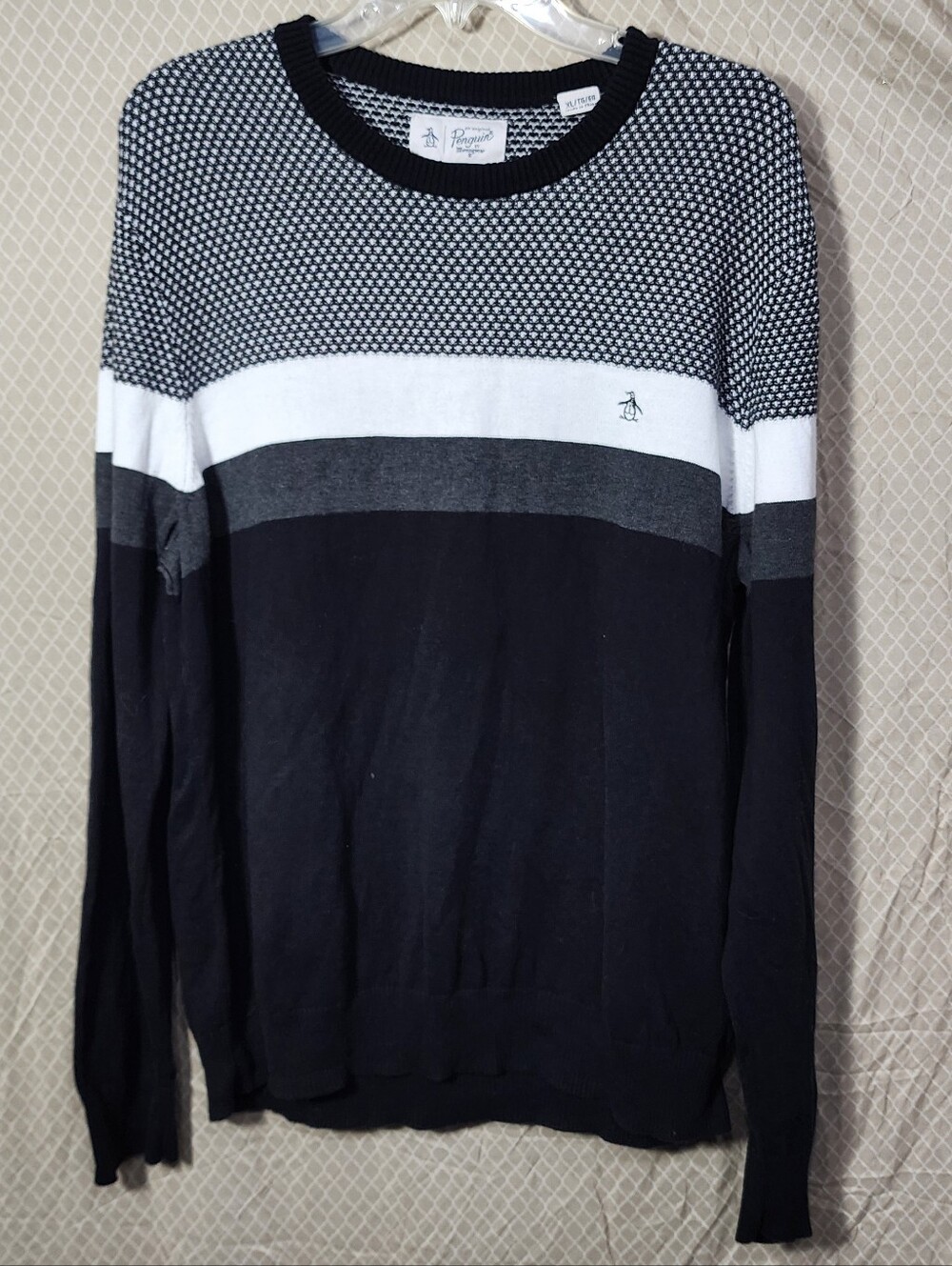 Original Penguin Sweater Black Gray Stripe Crewneck Pullover Men's XL used